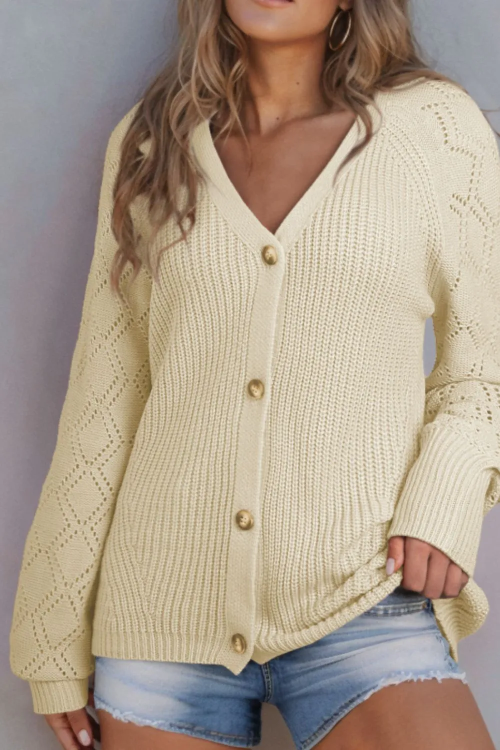 Openwork V-Neck Button Up Cardigan, image 12