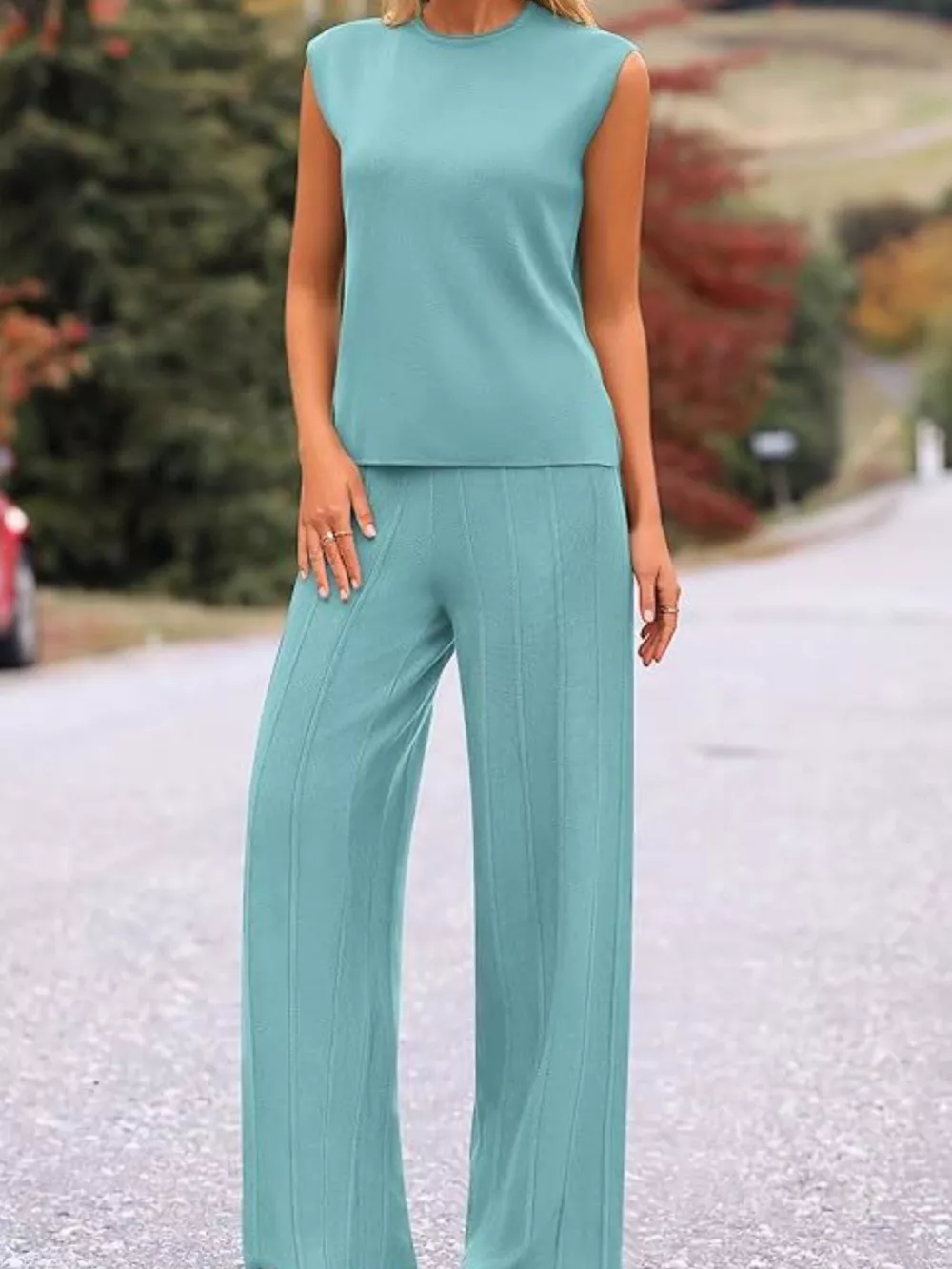 Casual Solid Color Cap Sleeve Top and Pants Knit Set, image 11