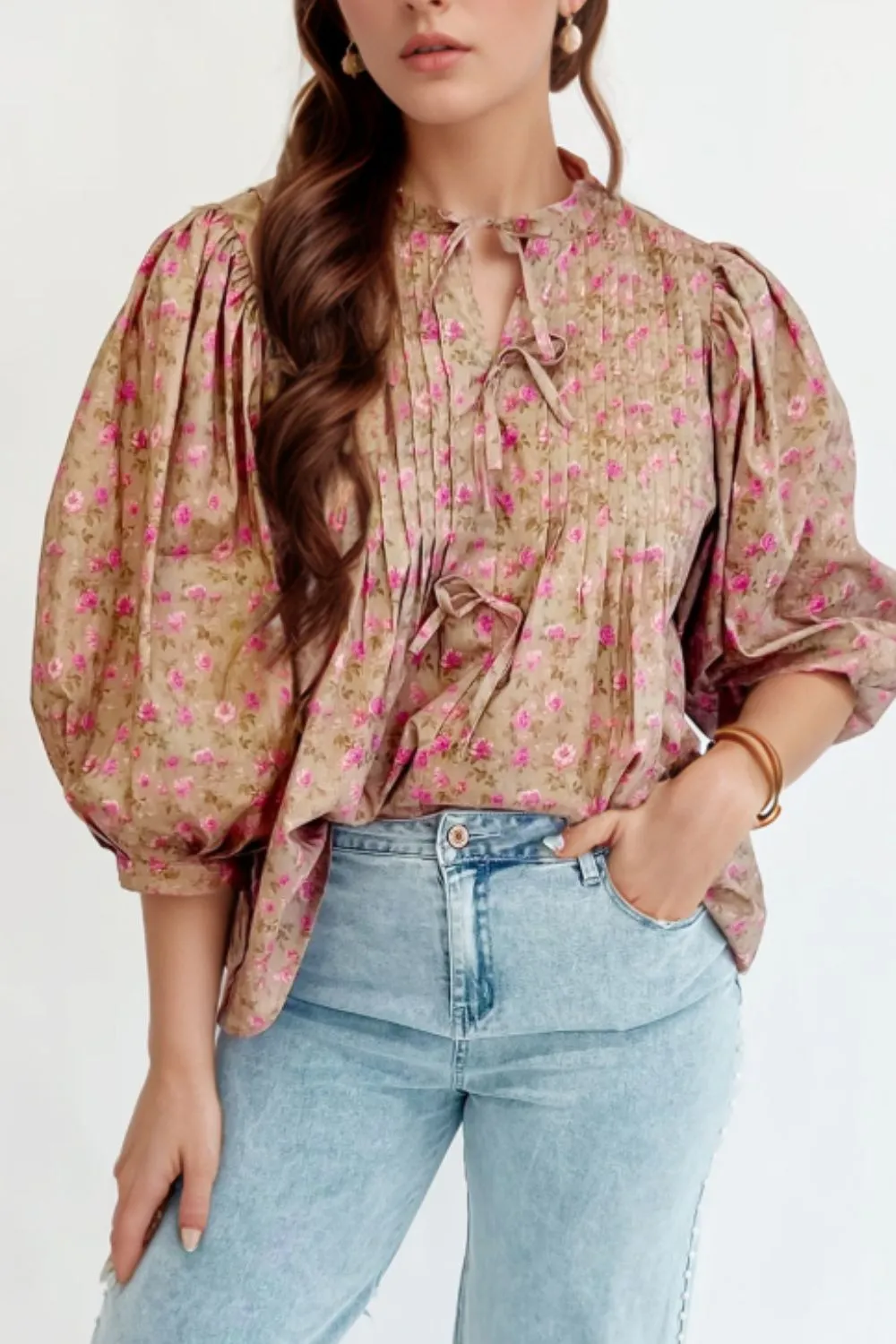 Floral Print Bow Pintuck Bust Half Puff Sleeve Blouse Top, image 3