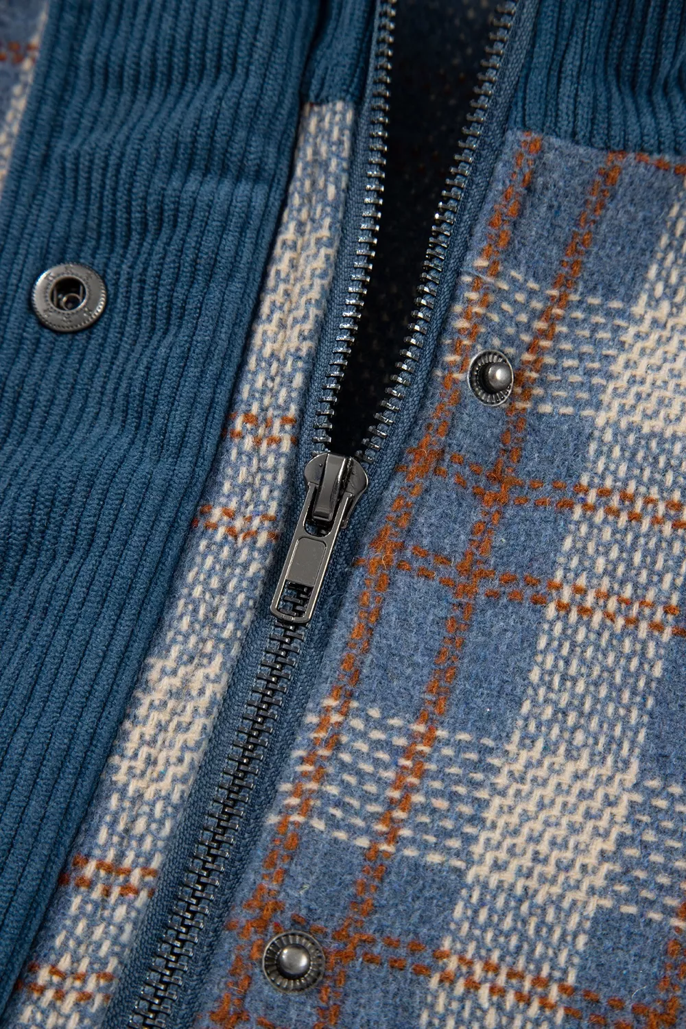 Plaid Corduroy Patchwork Collared Zip Up Snap Button Jacket, image 13
