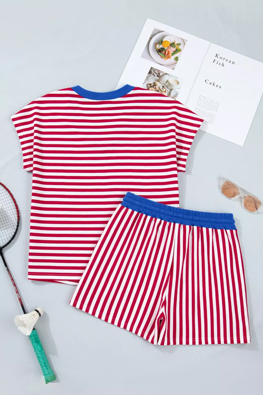 Stripe Colorblock Trim V Neck Tee Drawstring Elastic Waist Shorts Set, image 3