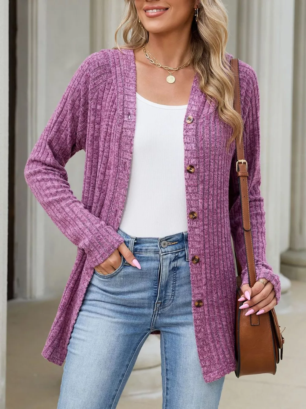 Ribbed Knit Hooded Button-Down Cardigan, image 5