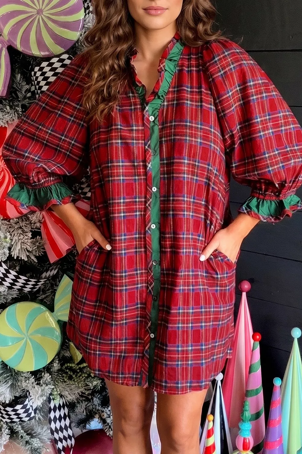 Plaid Ruffle Cuff Button Front Pocket Mini Dress, image 3