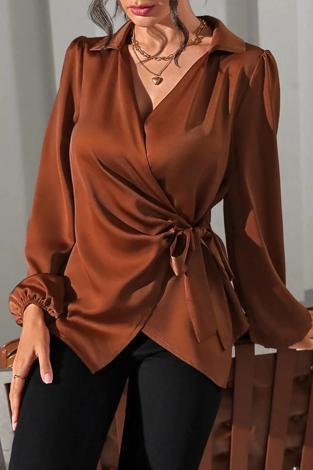 Satin Tied Detail Long Sleeve Blouse, image 5