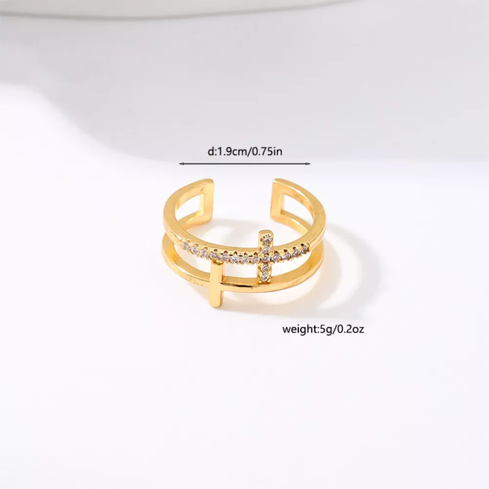 18K Gold-Plated Rhinestone Cross Open Ring, image 2