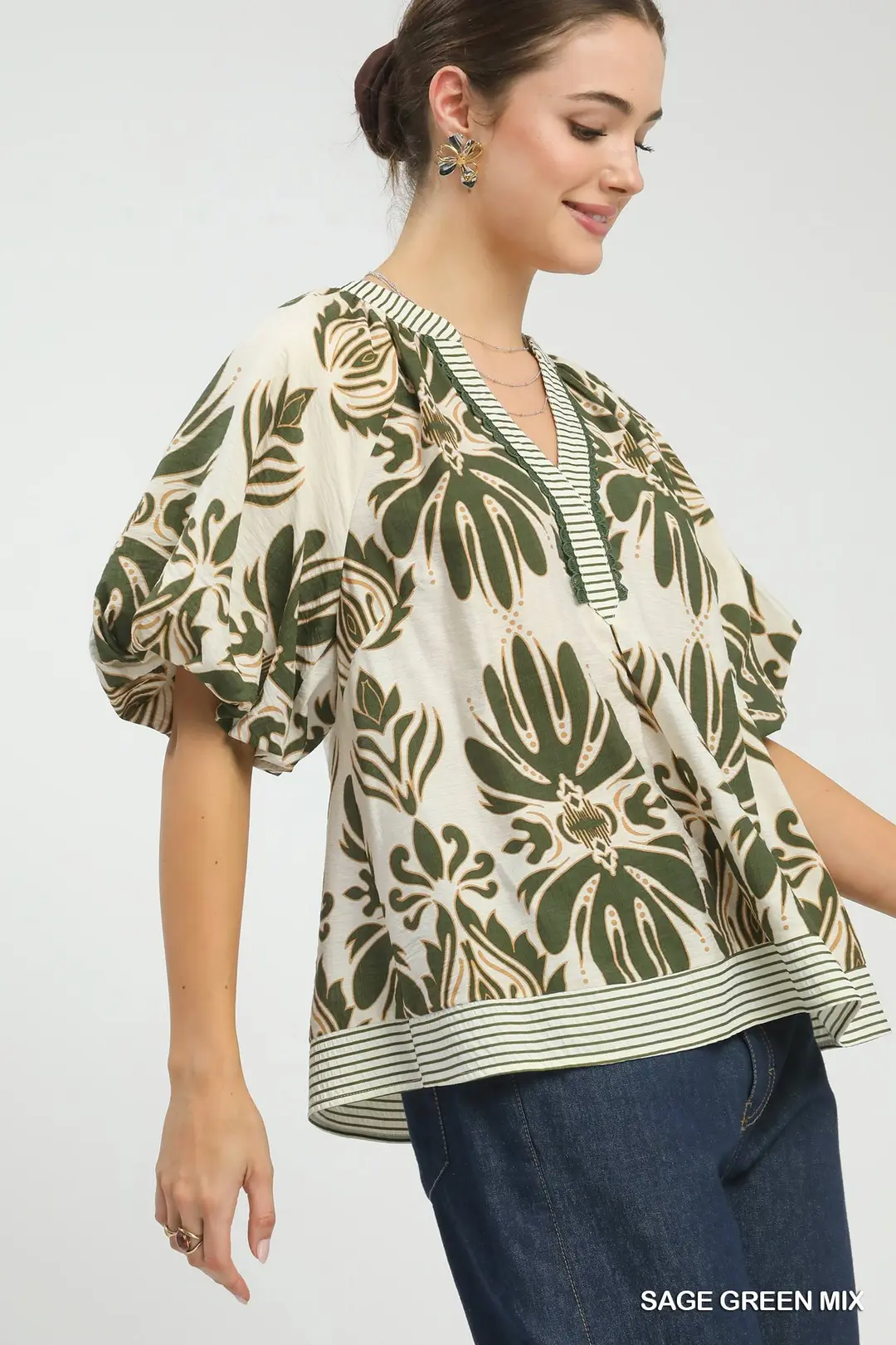 Mix Printed Puff Sleeve Top with Contrast Trim, image 2