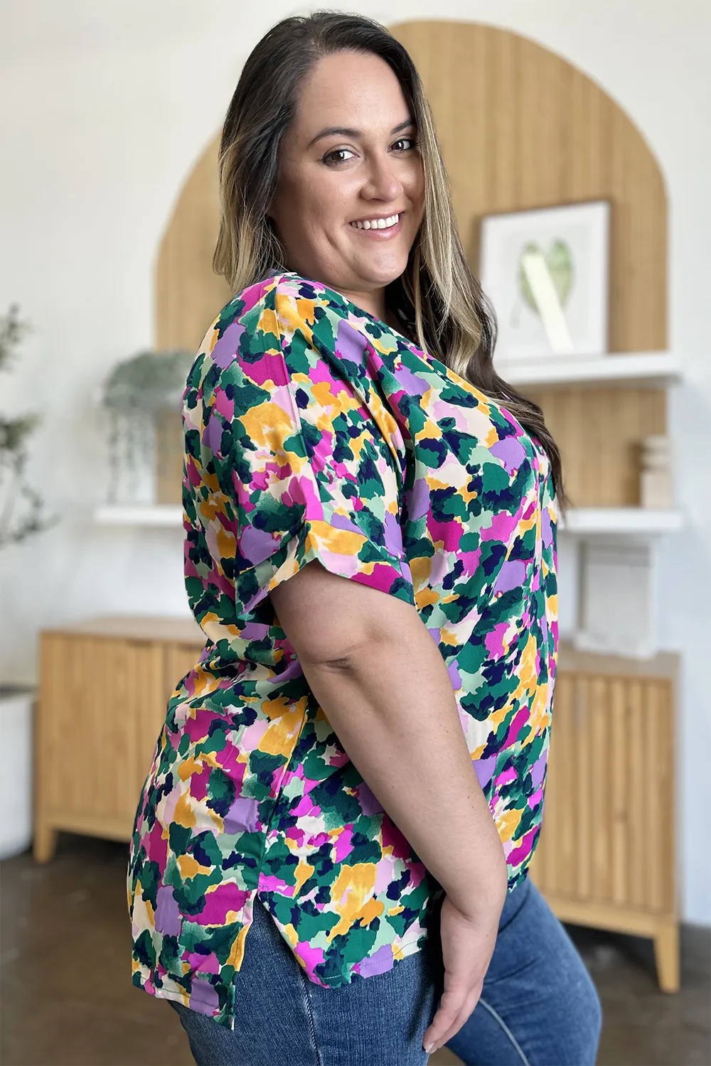 Full Size Printed V-Neck Short Sleeve Side Slit Top, image 12