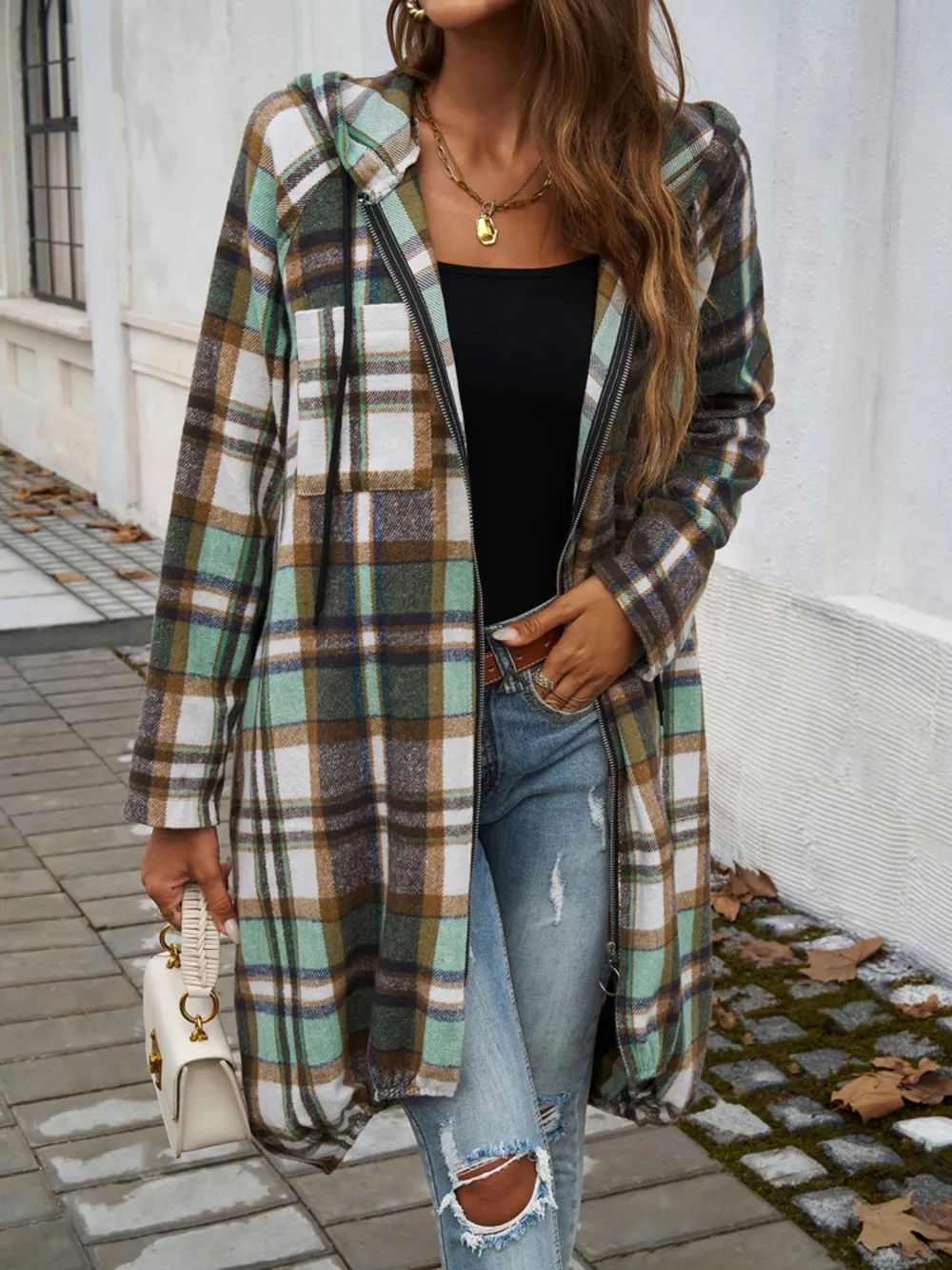 Plaid Zip Up Hooded Coat, image 8