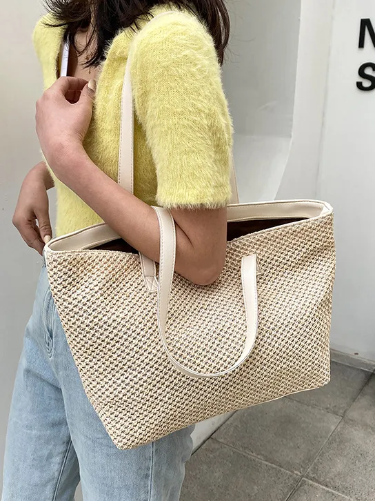 Solid Color Woven Tote Bag, image 2