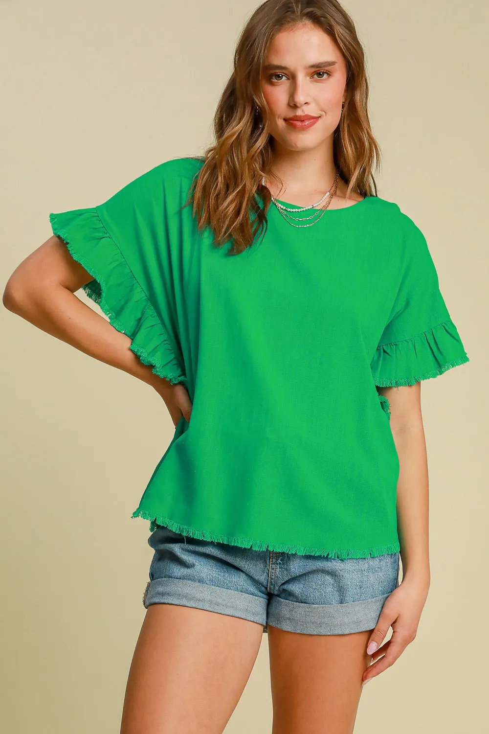 Full Size Raw Hem Ruffle Short Sleeve Blouse Plus Size
