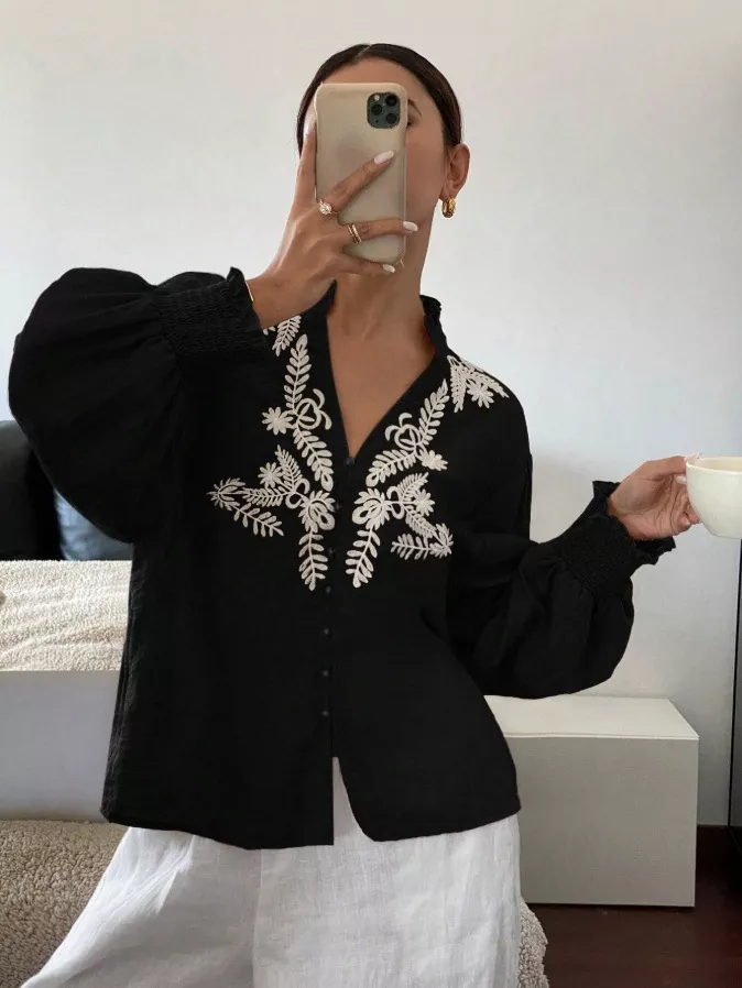 Embroidered Notched Long Sleeve Blouse, image 3