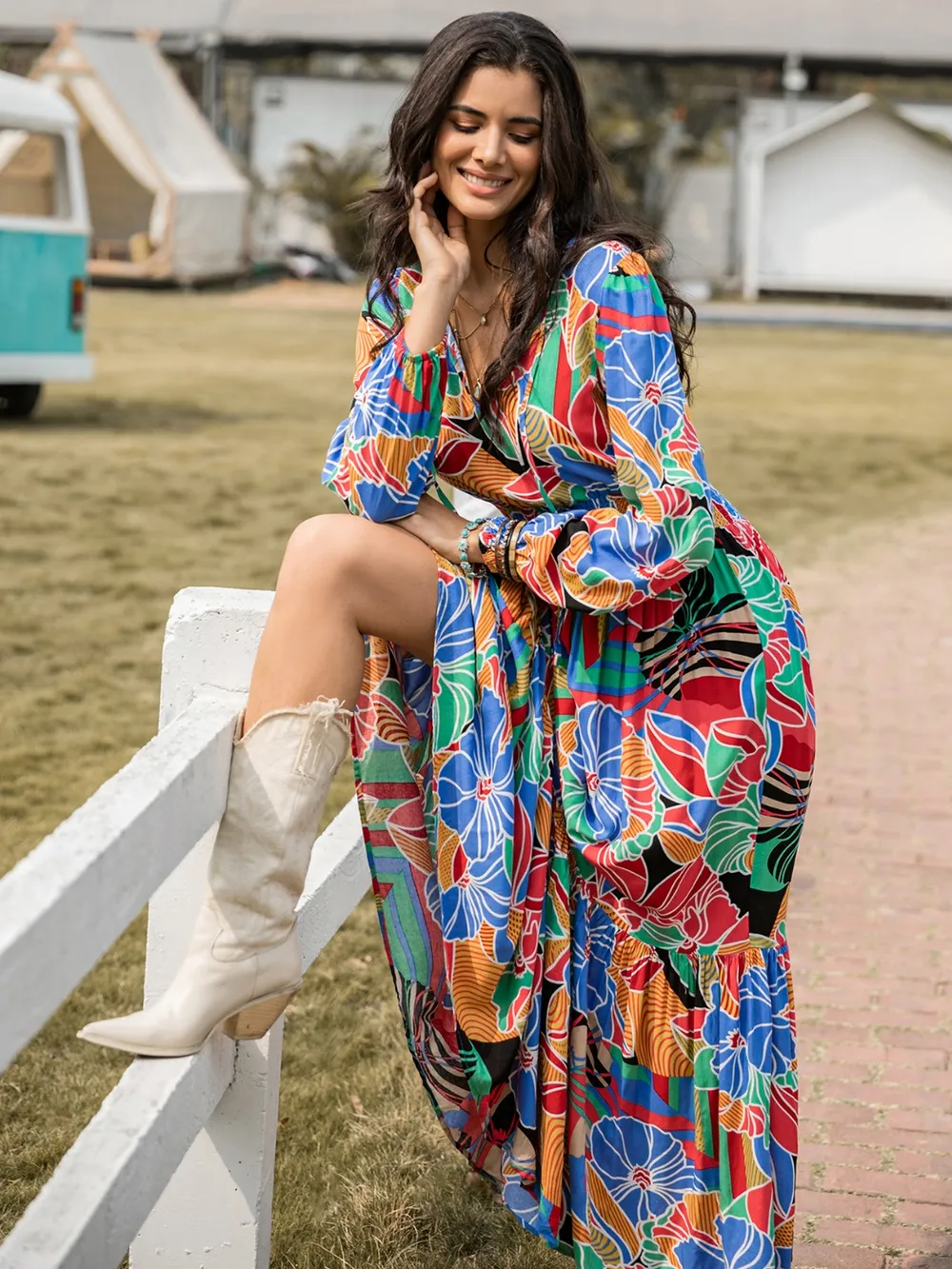 Printed Smocked Tie Neck Balloon Sleeve Maxi Dress, image 2