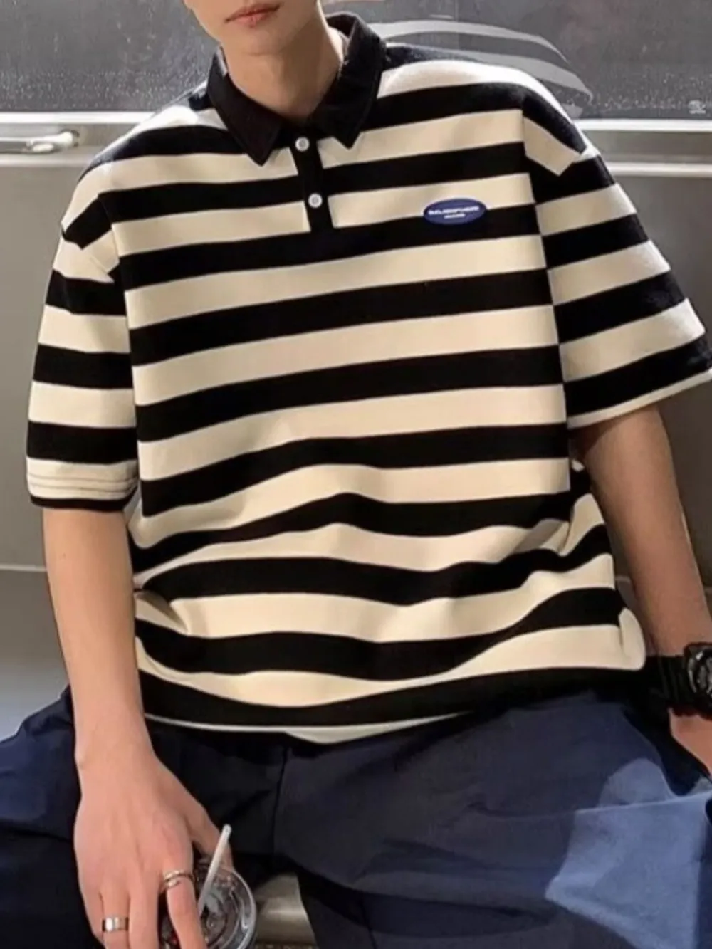 Men's Plus Size Striped Short Sleeve Oversized Polo, image 3
