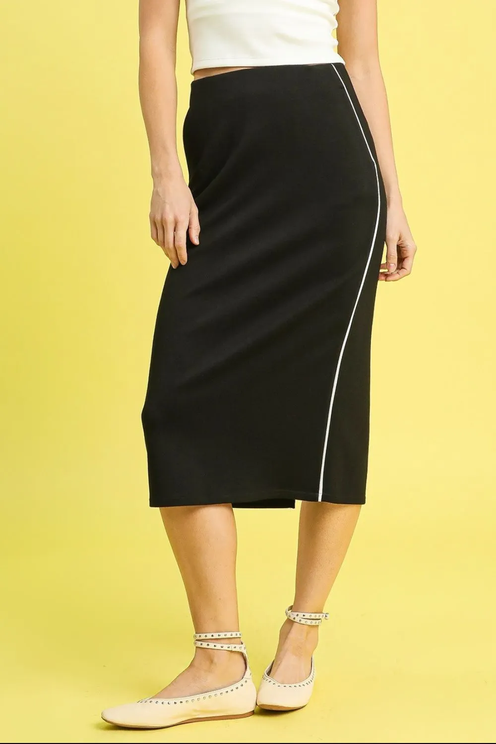 Midi Pencil Skirt with Contrast Piping Detail, image 2