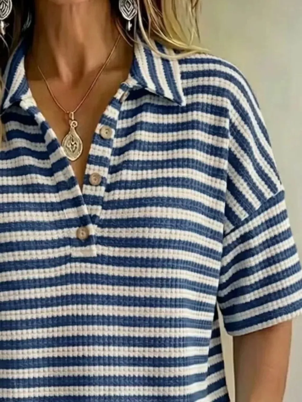 Full Size Contrast Striped Knit Polo Shirt Plus Size, image 12