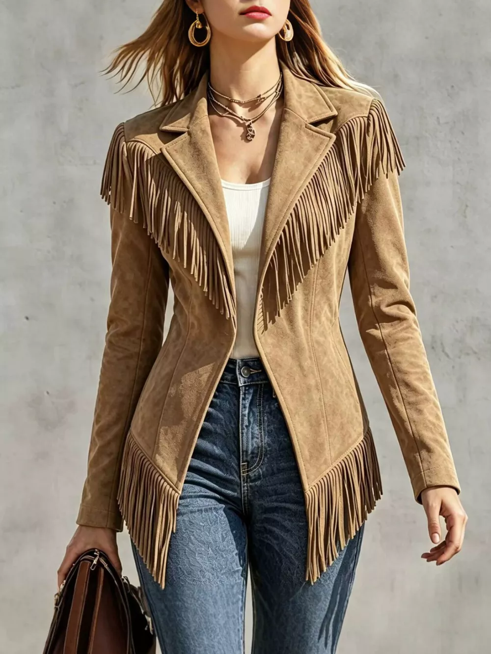 Western-Inspired Fringed Open Front Jacket