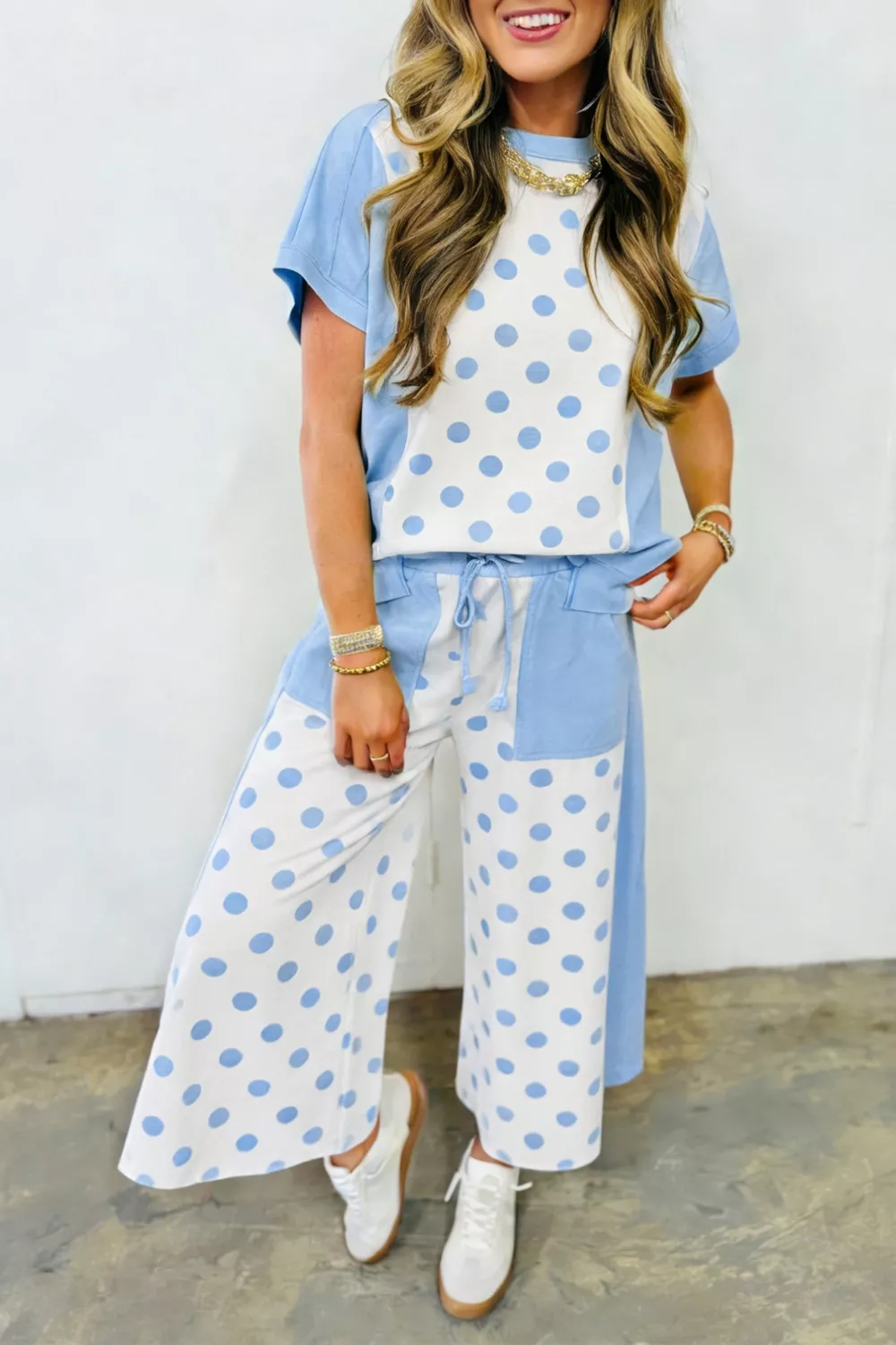 Color Block Patchwork Polka Dot Wide Leg Pant Set, image 2