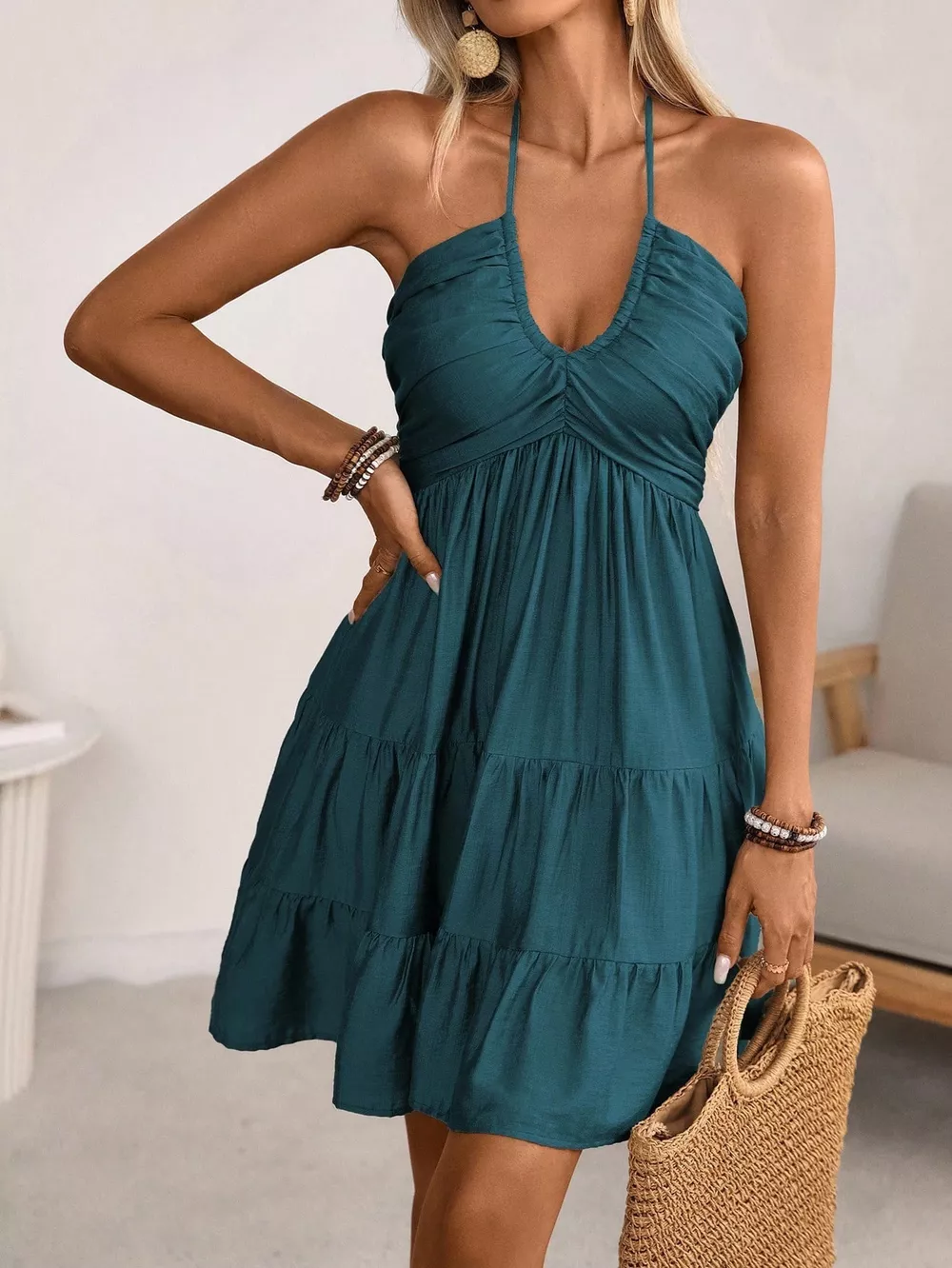 Smocked Halter Neck Tiered Dress, image 2