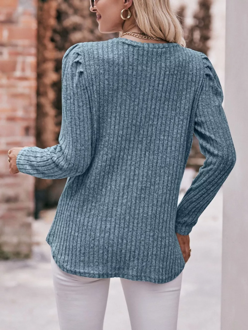 Ribbed Knit Puff Sleeve T-Shirt, image 16