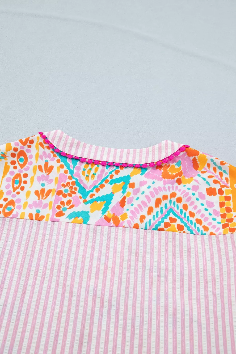 Mixed Print Contrast Trim Striped Patchwork Tiered Short Sleeve Blouse, image 8