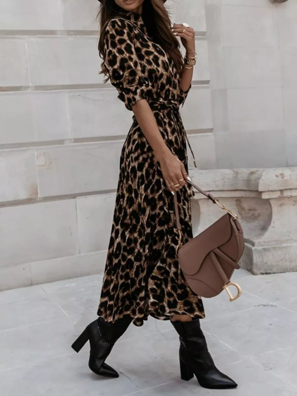 Leopard Print Button-Down Midi Dress with Belt, image 9