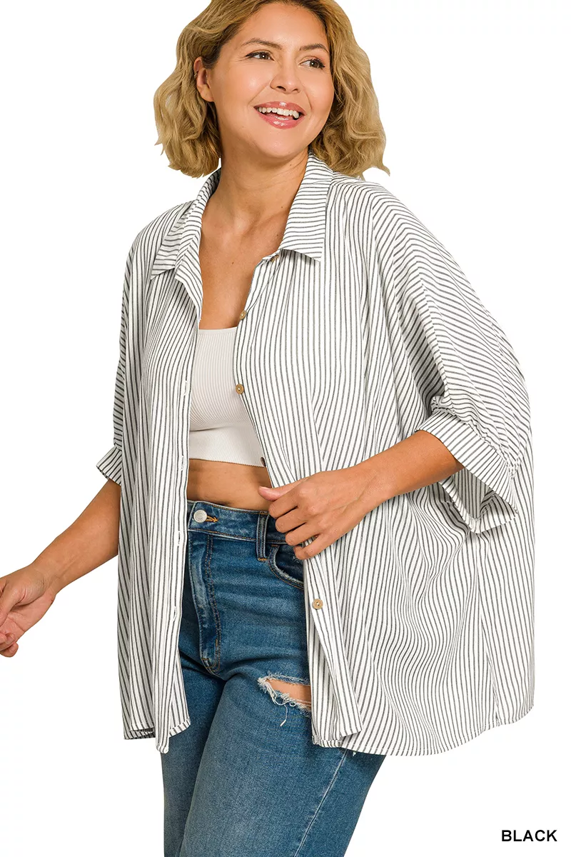 Full Size Woven Stripe Button Down Boxy Shirt Plus Size, image 2