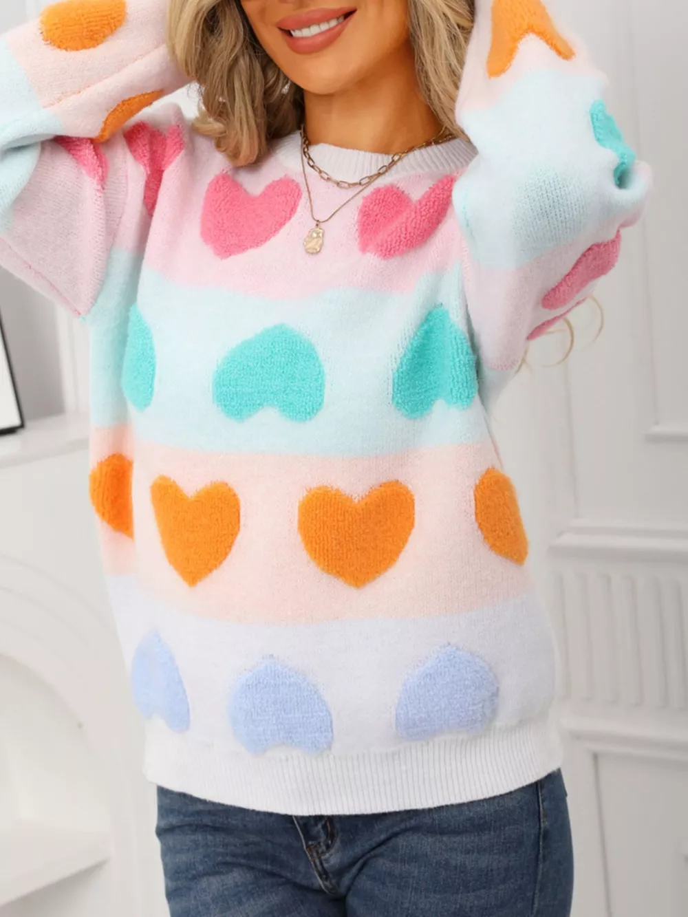 Valentine's Day Heart Pattern Fuzzy Knit Sweater, image 4