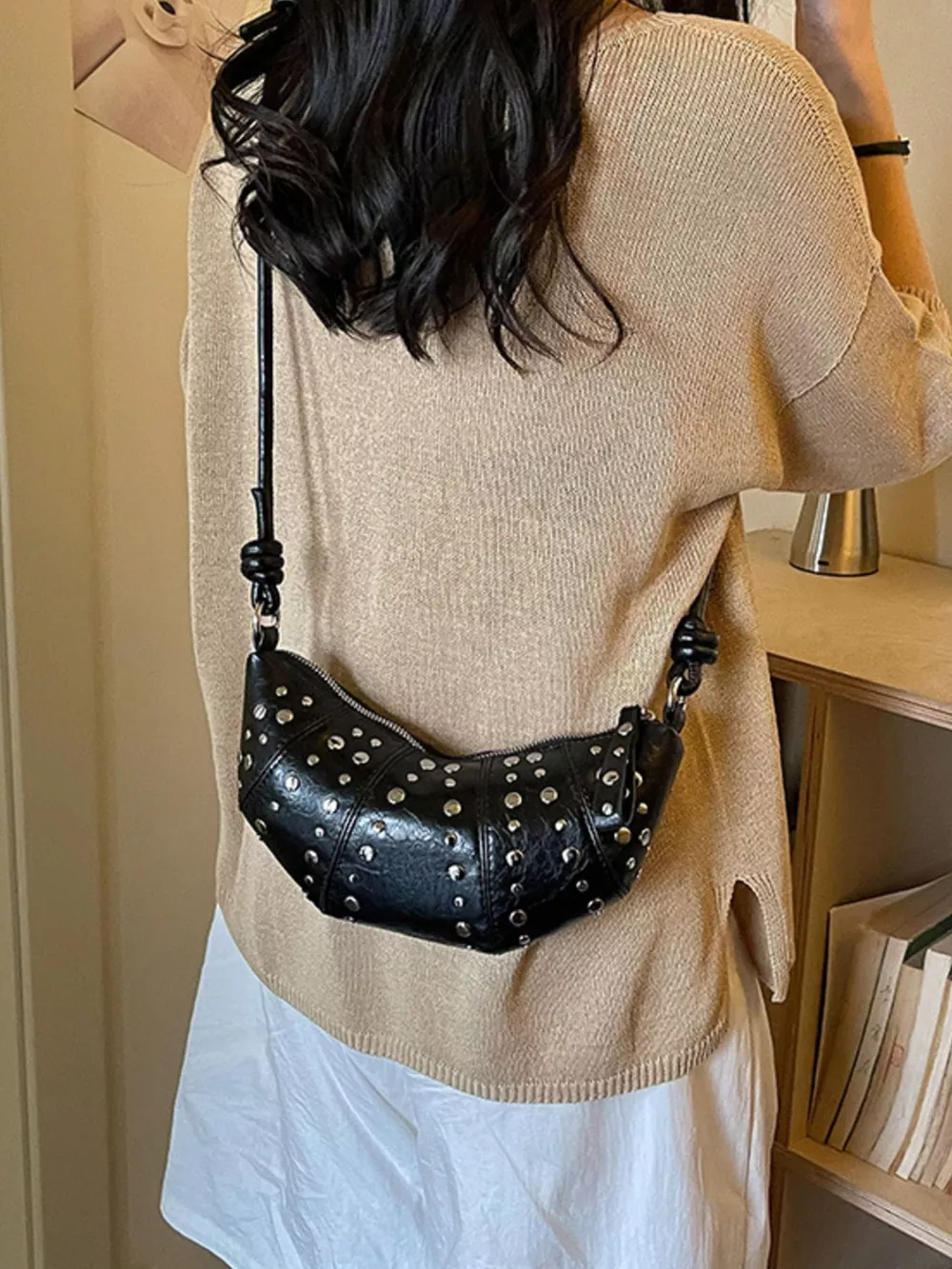 Studded Crescent Shoulder Bag, image 2