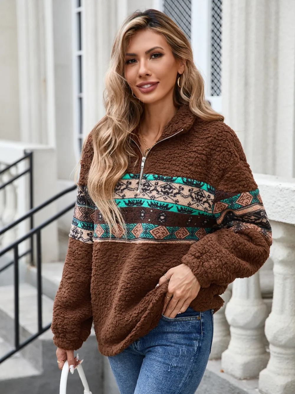 Half Zip Long Sleeve Fuzzy Top, image 2