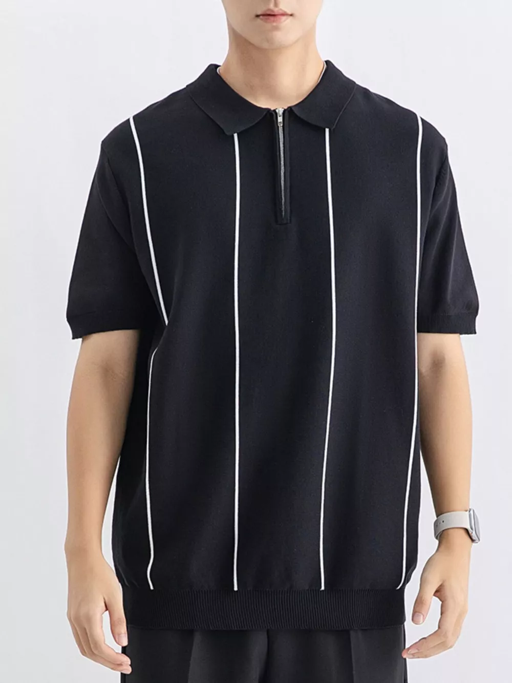 Men's Plus Size Striped Zip-Up Knit Polo