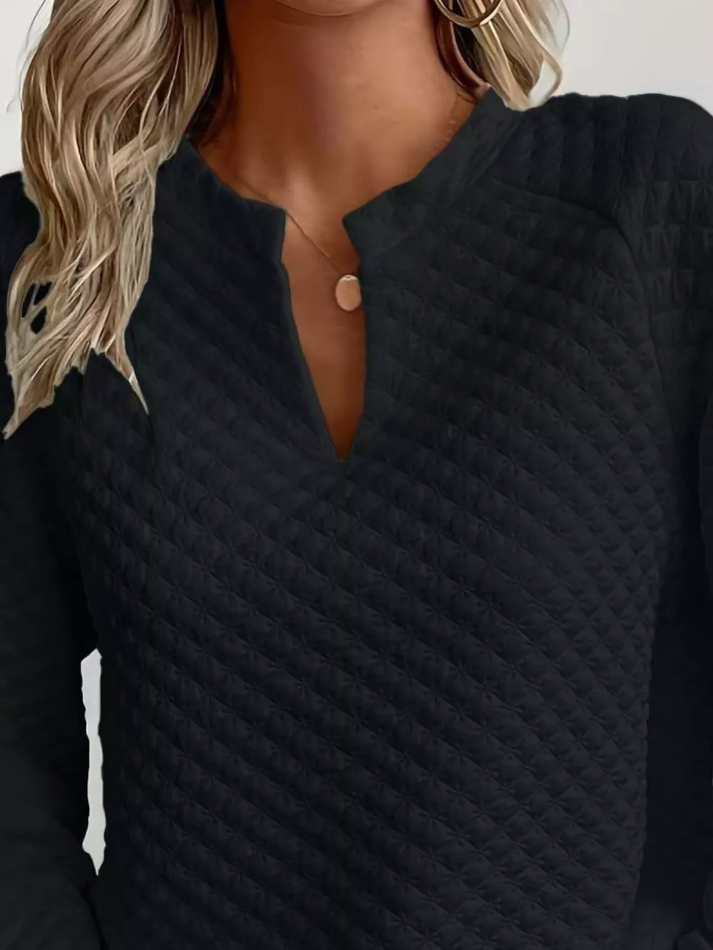 Quilted Texture Long Sleeve Sweatshirt with Notched Neck, image 2