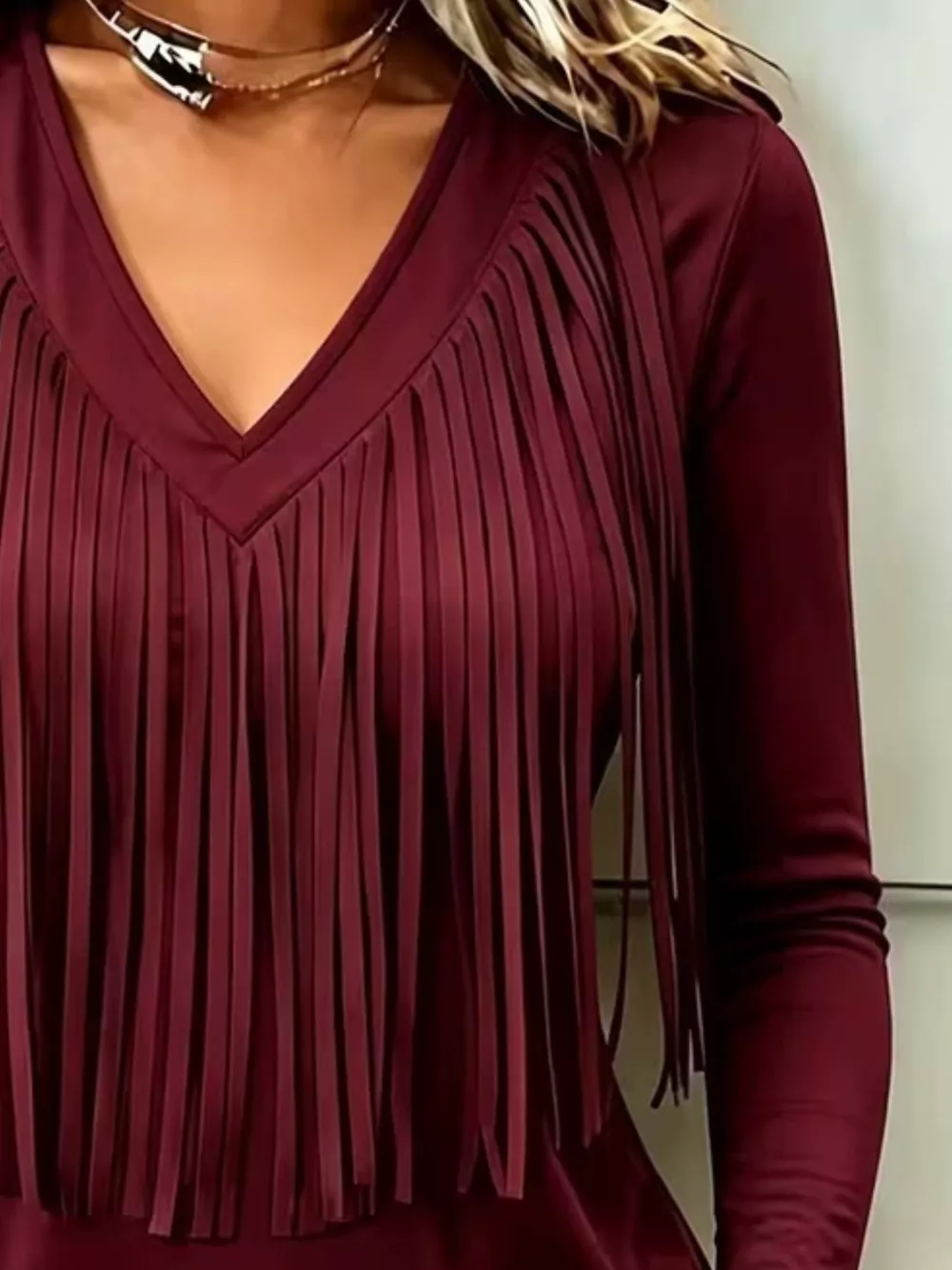 Fringe V-Neck Long Sleeve T-Shirt, image 12