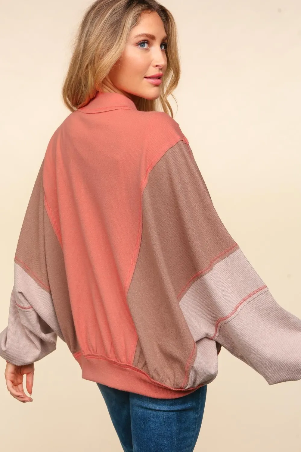Zip Up Color Block Bomber Jacket with Side Pockets, image 2