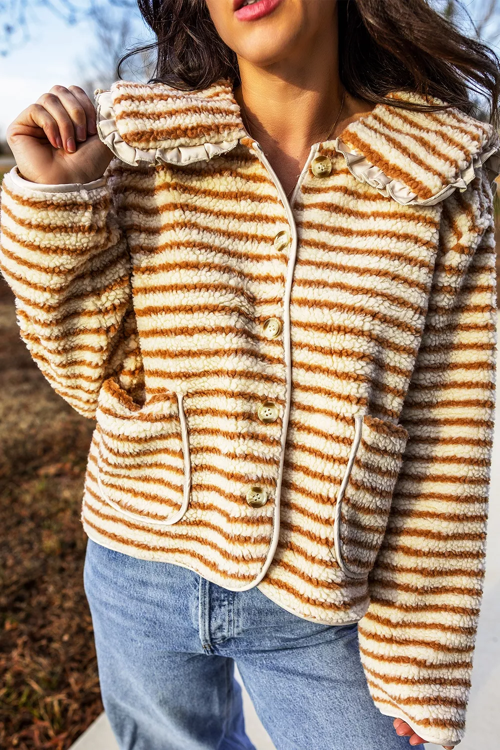 Striped Fleece Button Front Long Sleeve Regular Fit Jacket, image 5