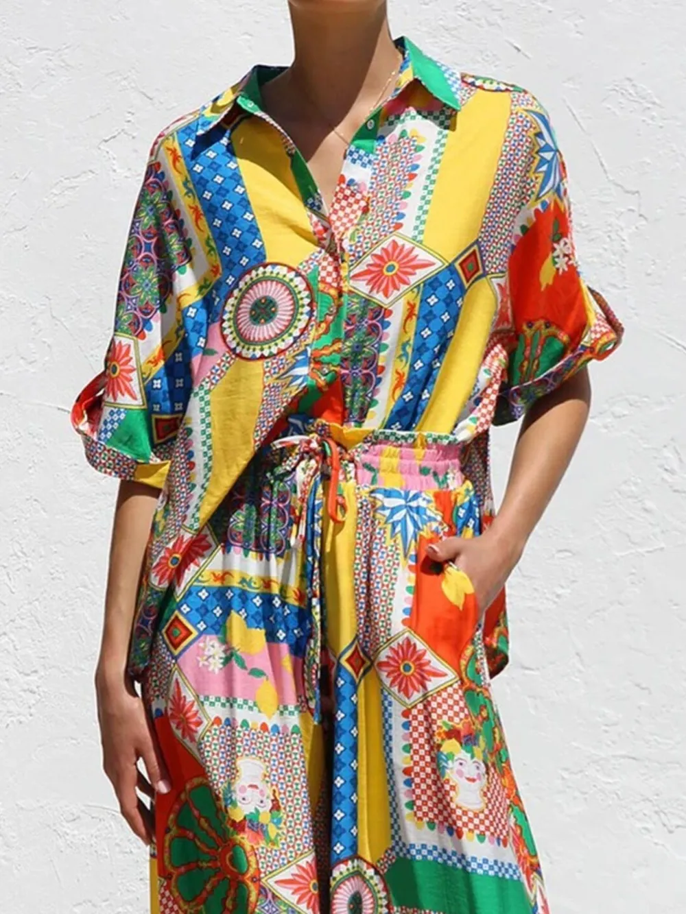 Printed Button Up Shirt and Pants Set, image 7