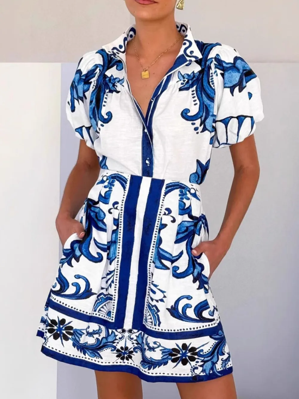 Printed Puff Sleeve Top and Skirt Set
