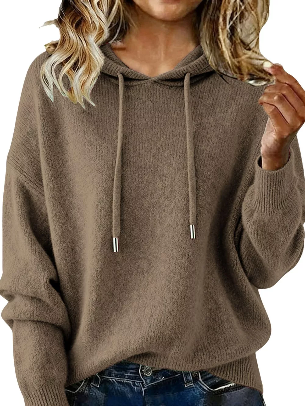 Drawstring Long Sleeve Hooded Sweater, image 2