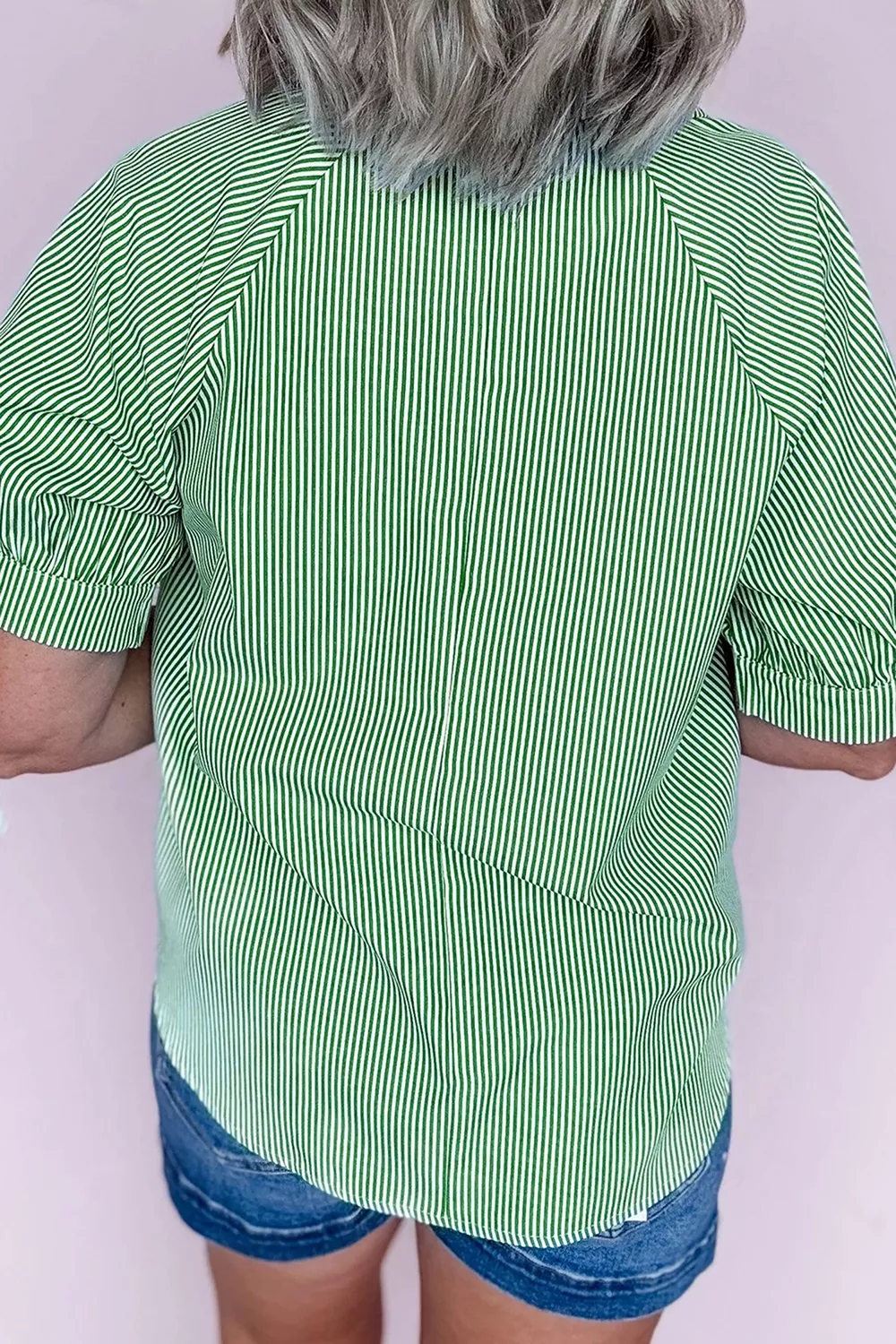 Striped Print Collared Split Neck Half Sleeve Blouse, image 2