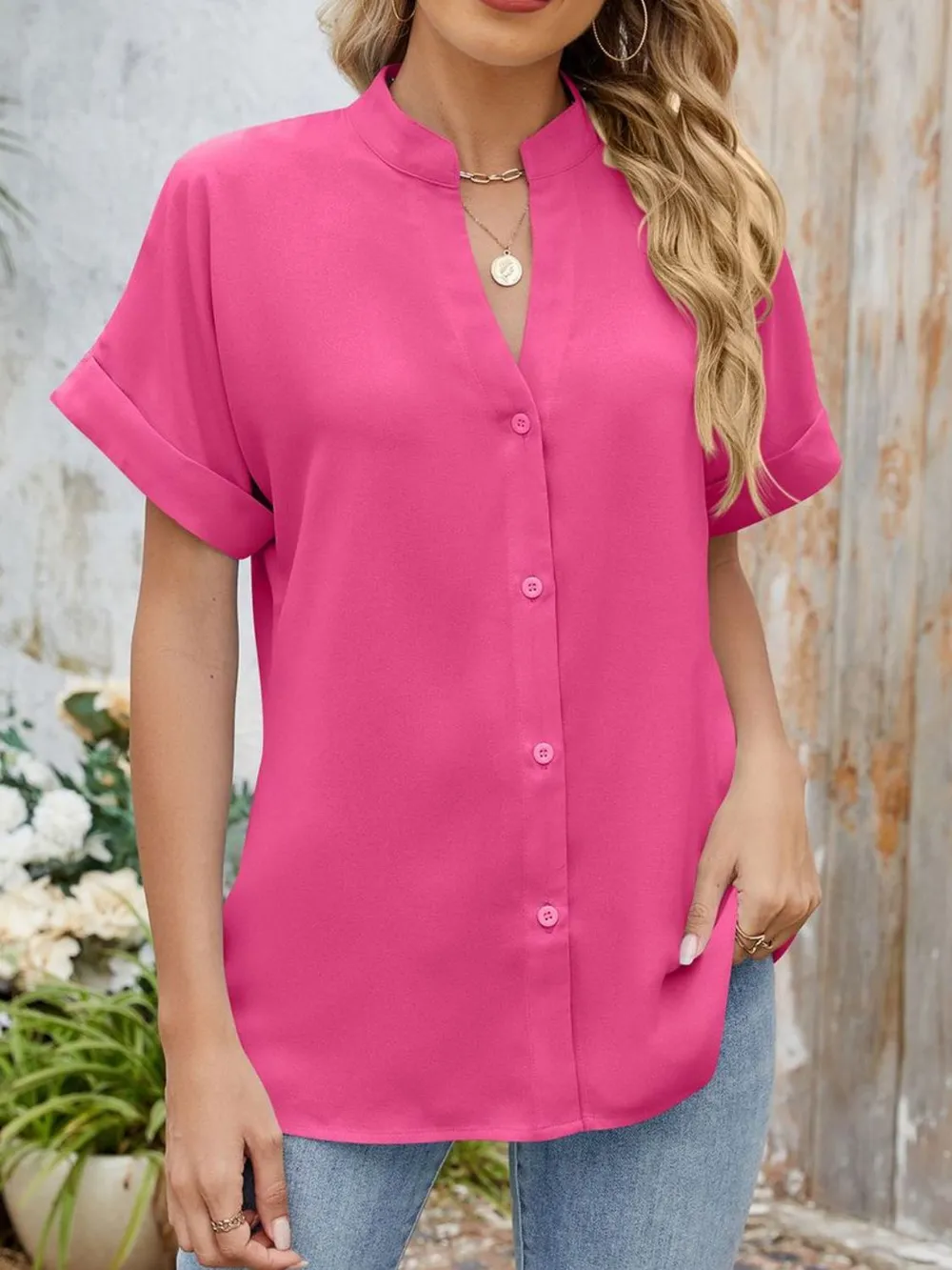Notched Short Sleeve Blouse, image 2