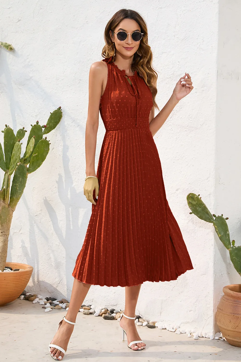 Swiss Dot Tie Neck Sleeveless Dress, image 3
