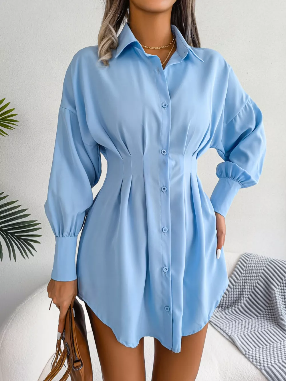 Elegant Button-Down Cinched Waist Mini Shirt Dress, image 2