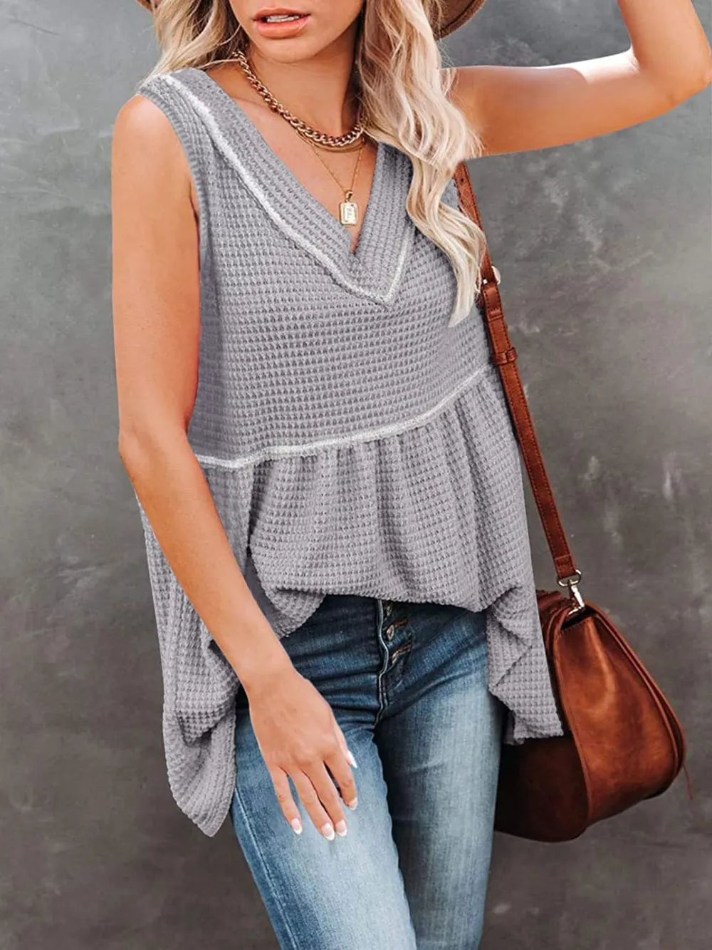 V-Neck Waffle Knit Tank Top with Contrast Stitching, image 12