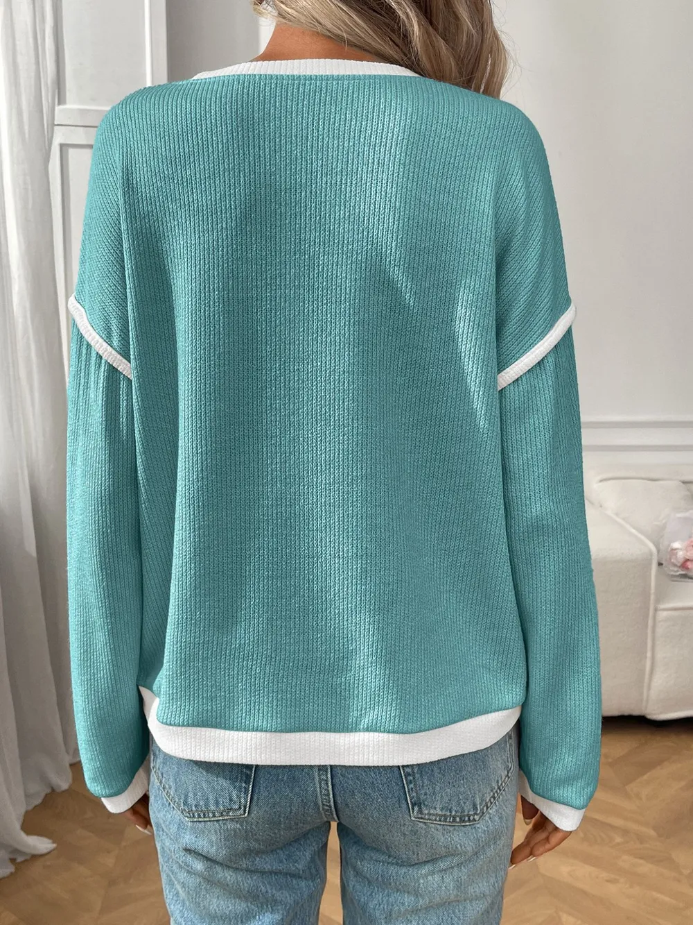 Ribbed Contrast Trim Long Sleeve Top, image 5