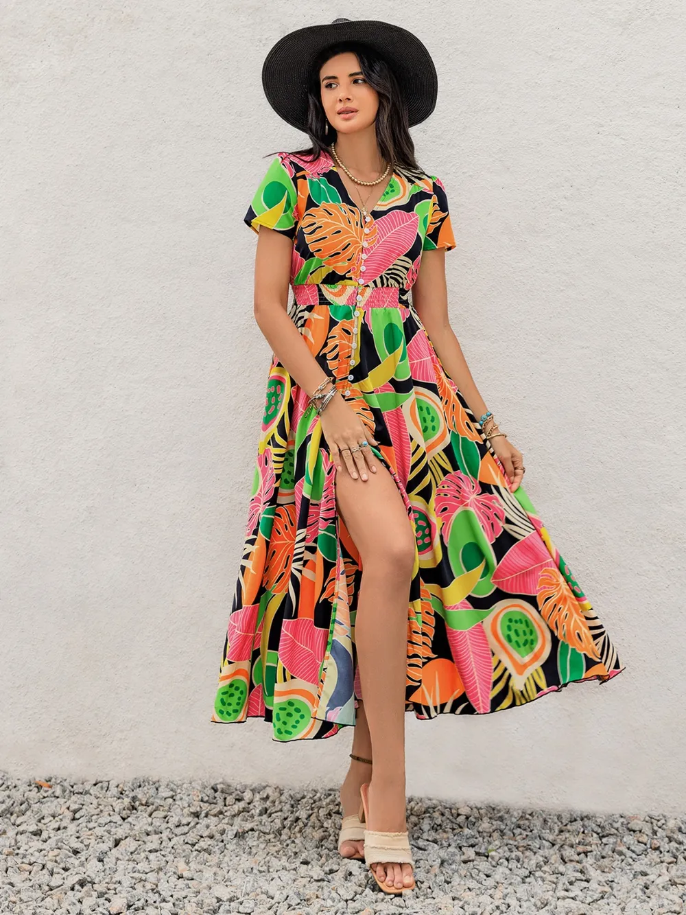 Tropical Print V-Neck Short Sleeve Midi Dress, image 8