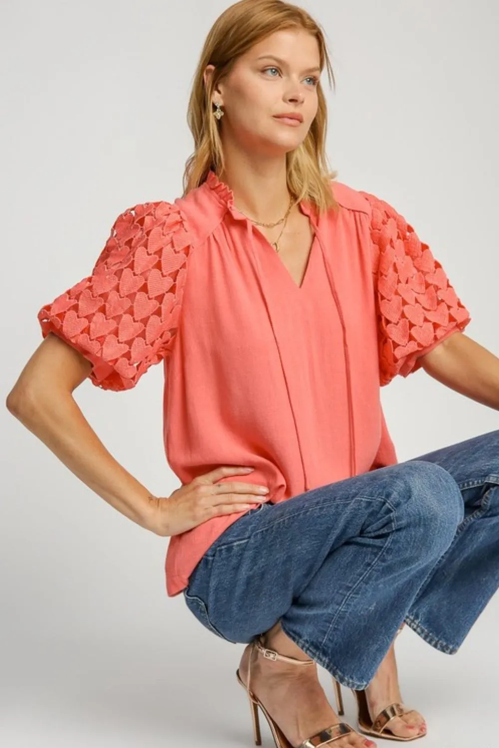 Full Size Heart Lace Sleeve Ruffle Collar Top Plus Size