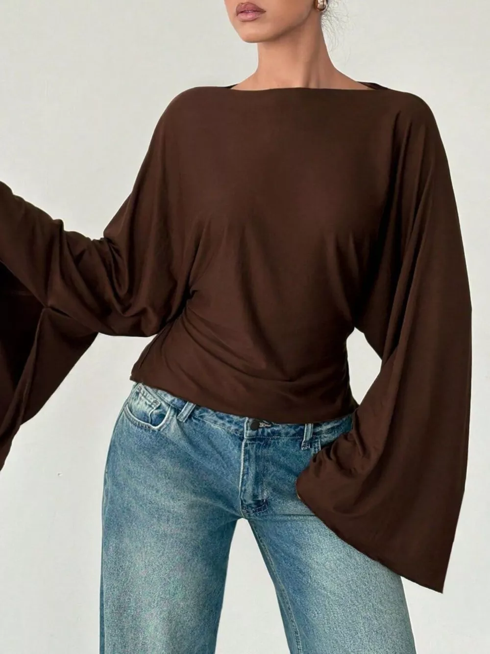 Boat Neck Slit Batwing Sleeve Top, image 3