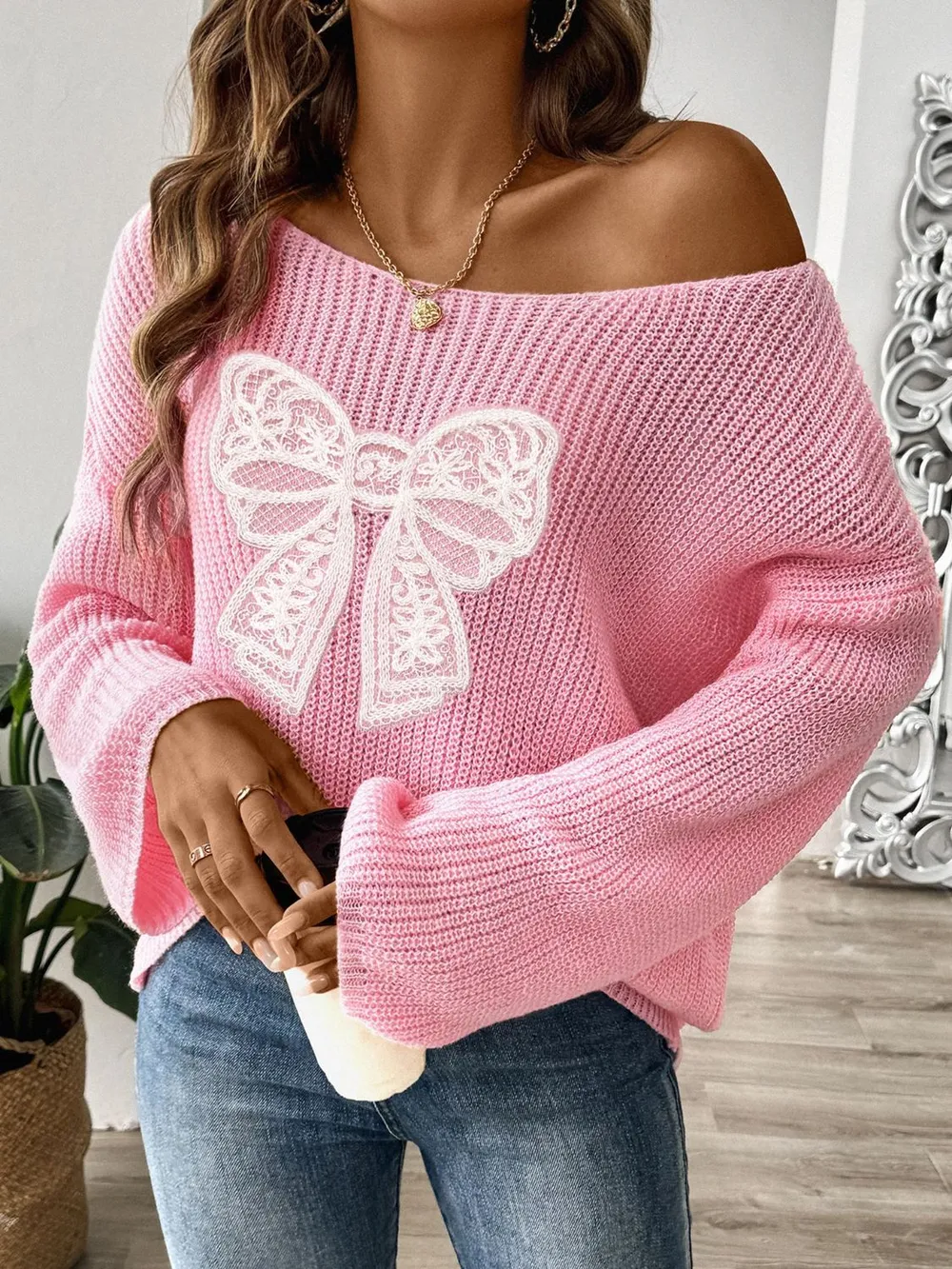 Bow Boat Neck Long Sleeve Sweater, image 2