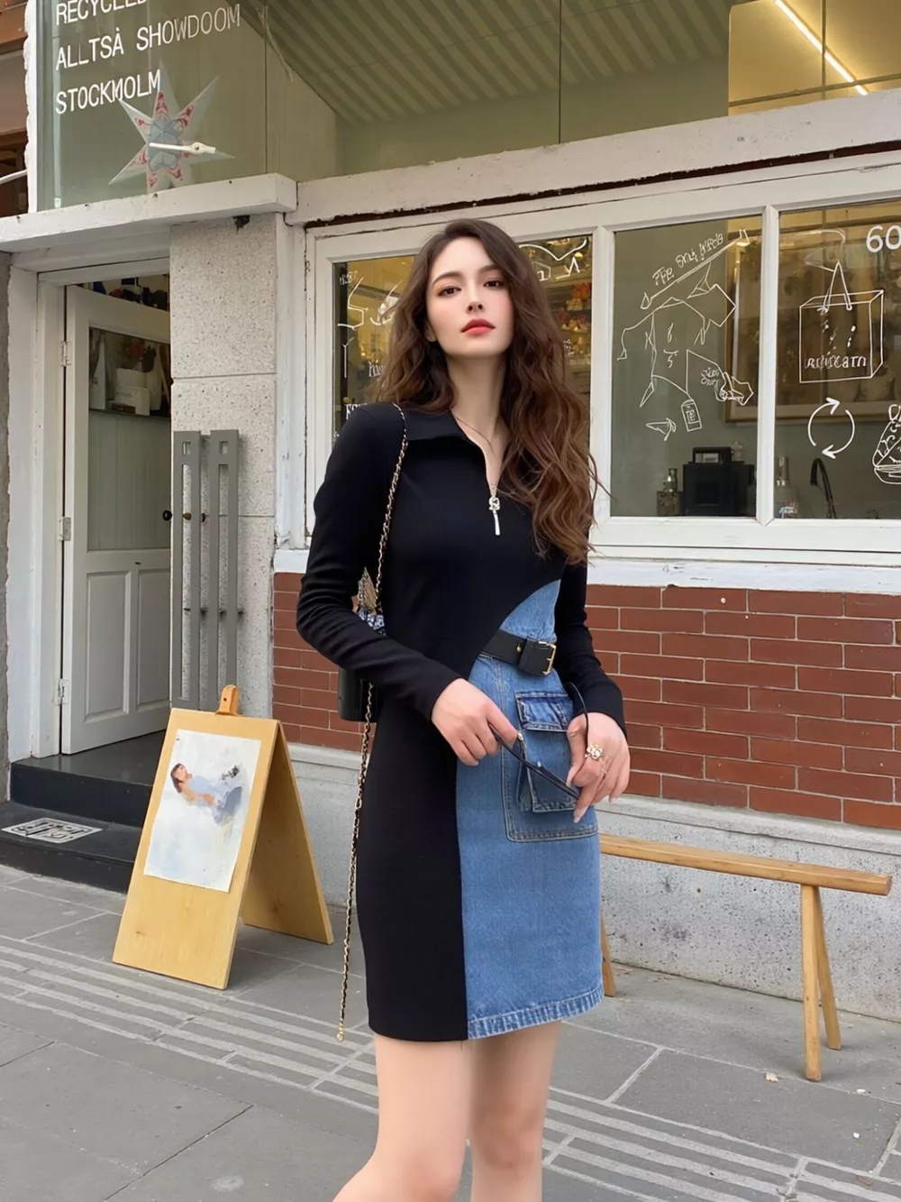 Full Size Color Block Denim Patchwork Mini Dress Plus Size, image 2