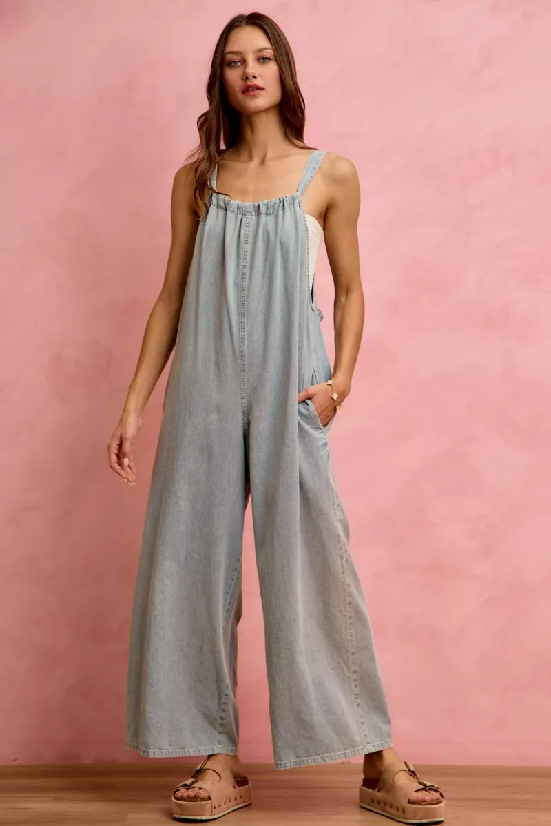 Wide Leg Lightweight Denim Overalls, image 2