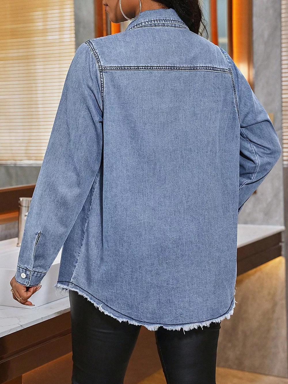 Raw Hem Button Up Denim Shirt, image 5